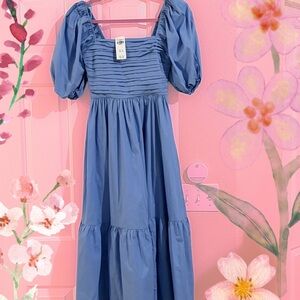 Abercrombie & Fitch Blue Emerson Puff-Sleeve Midi Dress